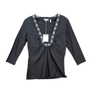 Parabeau Womens Top 3/4 Sleeve Size XS Black Embroidered Cotton Goth Tunic VNeck